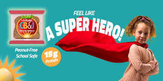 Child in superhero costume with CB&J peanut-free school safe sandwich on teal background