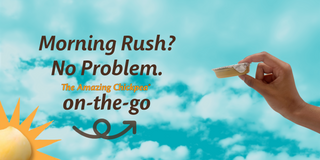 Hand holding The Amazing Chickpea mini-cup against a blue sky with sun and clouds with text 'Morning Rush? No Problem. The Amazing Chickpea® on-the-go'.